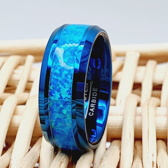 Black Tungsten Ring with Blue Opal Inlay, GALTUN890 - Picture 1 of 5